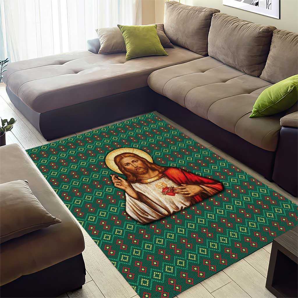 Sacred Heart Jesus Christmas Area Rug with Festive Green Knit Pattern - Wonder Print Shop