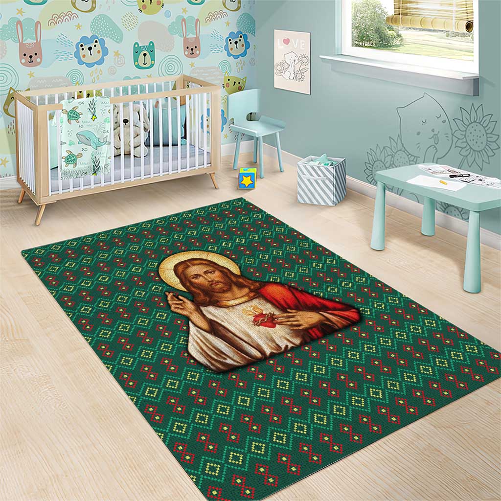 Sacred Heart Jesus Christmas Area Rug with Festive Green Knit Pattern - Wonder Print Shop