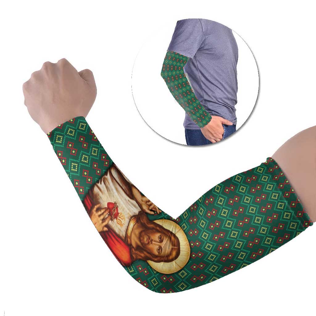 Sacred Heart Jesus Christmas Arm Sleeves with Festive Green Knit Pattern - Wonder Print Shop