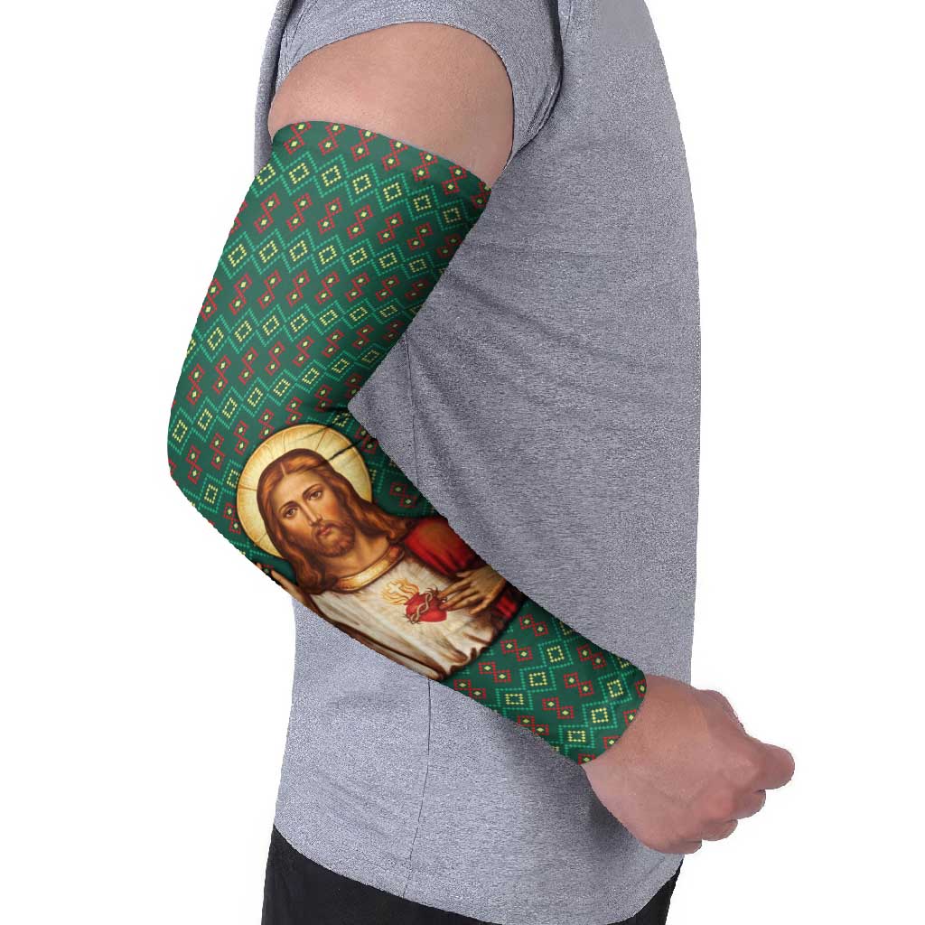Sacred Heart Jesus Christmas Arm Sleeves with Festive Green Knit Pattern - Wonder Print Shop