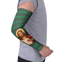 Sacred Heart Jesus Christmas Arm Sleeves with Festive Green Knit Pattern - Wonder Print Shop