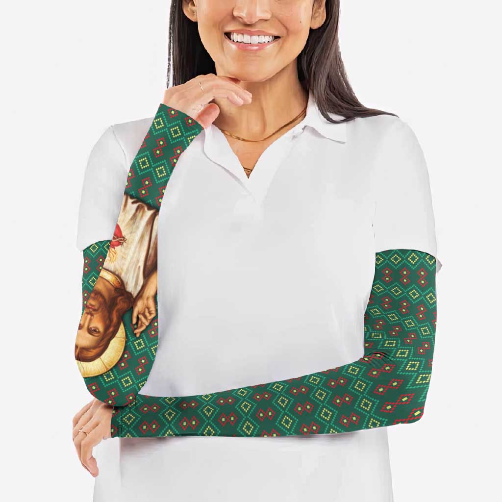 Sacred Heart Jesus Christmas Arm Sleeves with Festive Green Knit Pattern - Wonder Print Shop