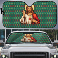 Sacred Heart Jesus Christmas Auto Sun Shade with Festive Green Knit Pattern - Wonder Print Shop