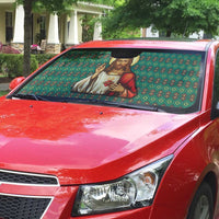 Sacred Heart Jesus Christmas Auto Sun Shade with Festive Green Knit Pattern - Wonder Print Shop