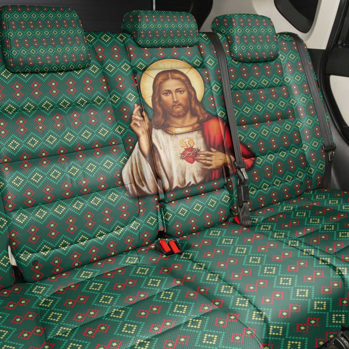 Sacred Heart Jesus Christmas Back Car Seat Cover with Festive Green Knit Pattern - Wonder Print Shop