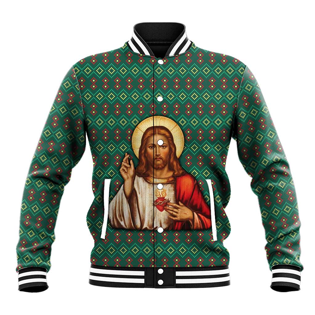 Sacred Heart Jesus Christmas Baseball Jacket with Festive Green Knit Pattern - Wonder Print Shop