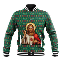 Sacred Heart Jesus Christmas Baseball Jacket with Festive Green Knit Pattern - Wonder Print Shop