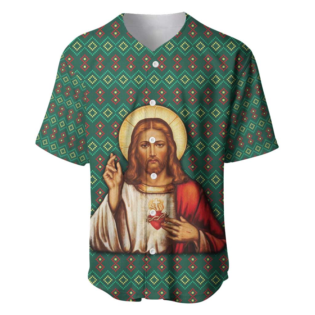 Sacred Heart Jesus Christmas Baseball Jersey with Festive Green Knit Pattern - Wonder Print Shop