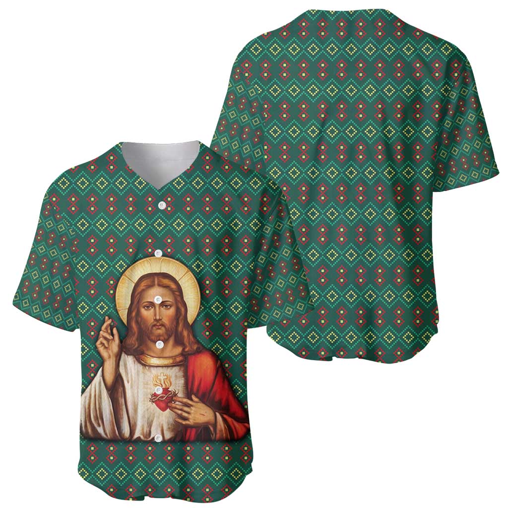 Sacred Heart Jesus Christmas Baseball Jersey with Festive Green Knit Pattern - Wonder Print Shop
