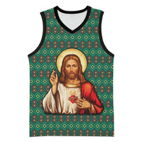 Sacred Heart Jesus Christmas Basketball Jersey with Festive Green Knit Pattern - Wonder Print Shop