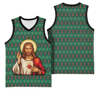 Sacred Heart Jesus Christmas Basketball Jersey with Festive Green Knit Pattern - Wonder Print Shop