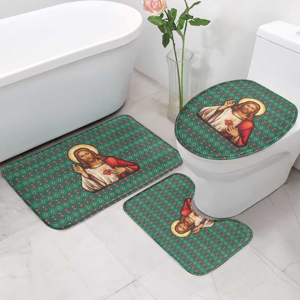 Sacred Heart Jesus Christmas Bathroom Set with Festive Green Knit Pattern - Wonder Print Shop