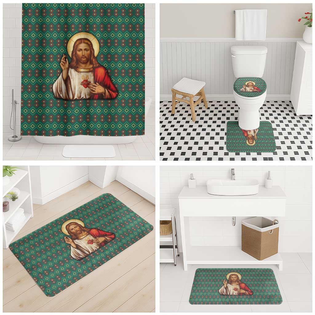 Sacred Heart Jesus Christmas Bathroom Set with Festive Green Knit Pattern - Wonder Print Shop