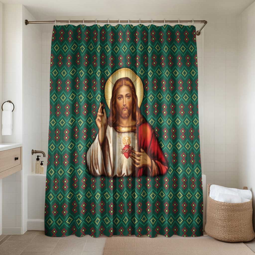 Sacred Heart Jesus Christmas Bathroom Set with Festive Green Knit Pattern - Wonder Print Shop