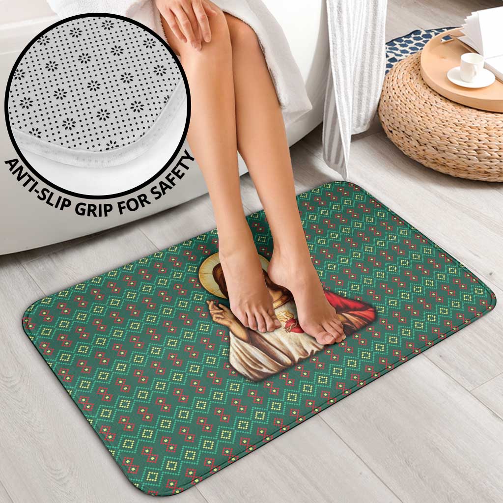 Sacred Heart Jesus Christmas Bathroom Set with Festive Green Knit Pattern - Wonder Print Shop