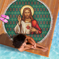 Sacred Heart Jesus Christmas Beach Blanket with Festive Green Knit Pattern - Wonder Print Shop
