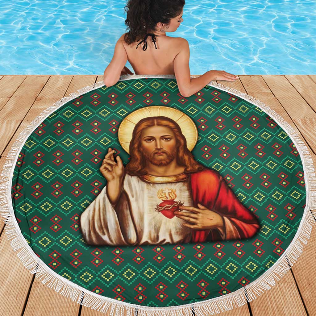 Sacred Heart Jesus Christmas Beach Blanket with Festive Green Knit Pattern - Wonder Print Shop