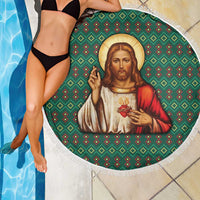 Sacred Heart Jesus Christmas Beach Blanket with Festive Green Knit Pattern - Wonder Print Shop