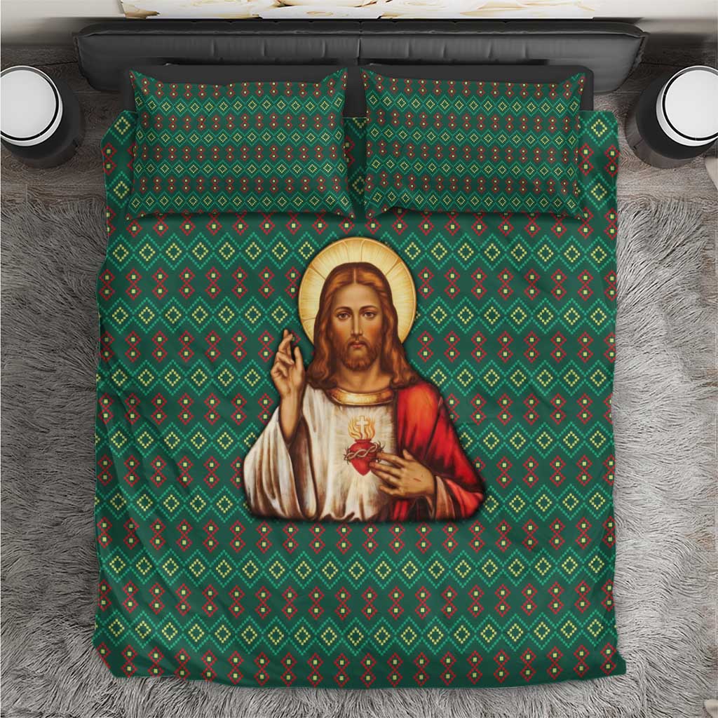 Sacred Heart Jesus Christmas Bedding Set with Festive Green Knit Pattern - Wonder Print Shop