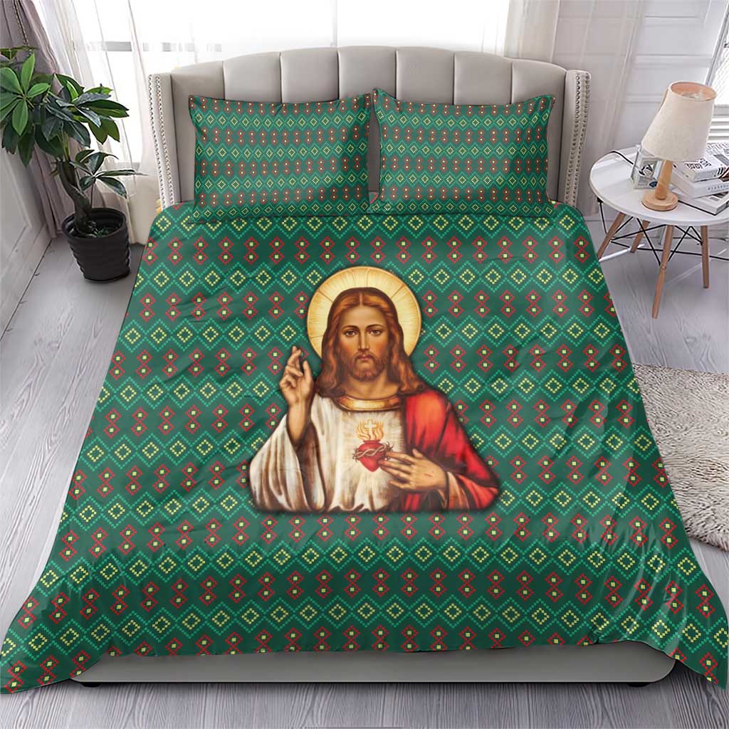 Sacred Heart Jesus Christmas Bedding Set with Festive Green Knit Pattern - Wonder Print Shop