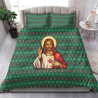 Sacred Heart Jesus Christmas Bedding Set with Festive Green Knit Pattern - Wonder Print Shop