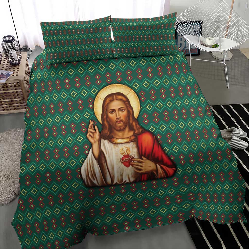 Sacred Heart Jesus Christmas Bedding Set with Festive Green Knit Pattern - Wonder Print Shop