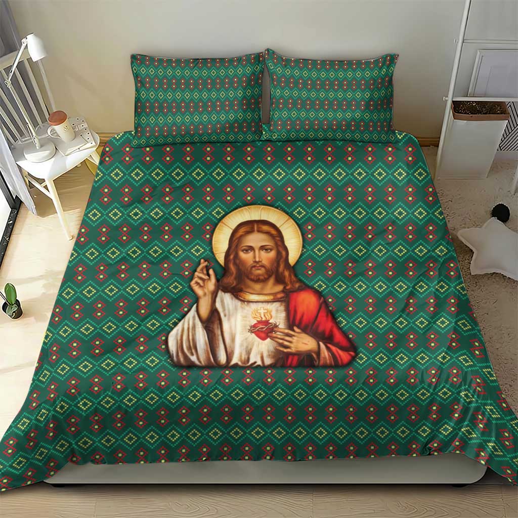 Sacred Heart Jesus Christmas Bedding Set with Festive Green Knit Pattern - Wonder Print Shop