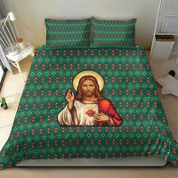 Sacred Heart Jesus Christmas Bedding Set with Festive Green Knit Pattern - Wonder Print Shop