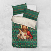 Sacred Heart Jesus Christmas Bedding Set with Festive Green Knit Pattern - Wonder Print Shop