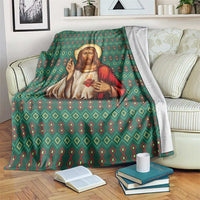 Sacred Heart Jesus Christmas Blanket with Festive Green Knit Pattern - Wonder Print Shop