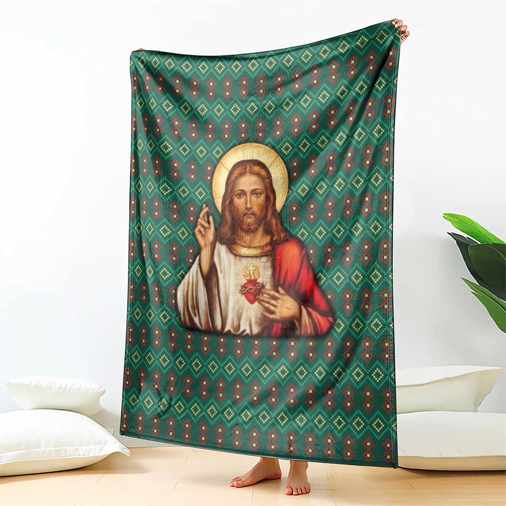 Sacred Heart Jesus Christmas Blanket with Festive Green Knit Pattern - Wonder Print Shop