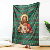 Sacred Heart Jesus Christmas Blanket with Festive Green Knit Pattern - Wonder Print Shop