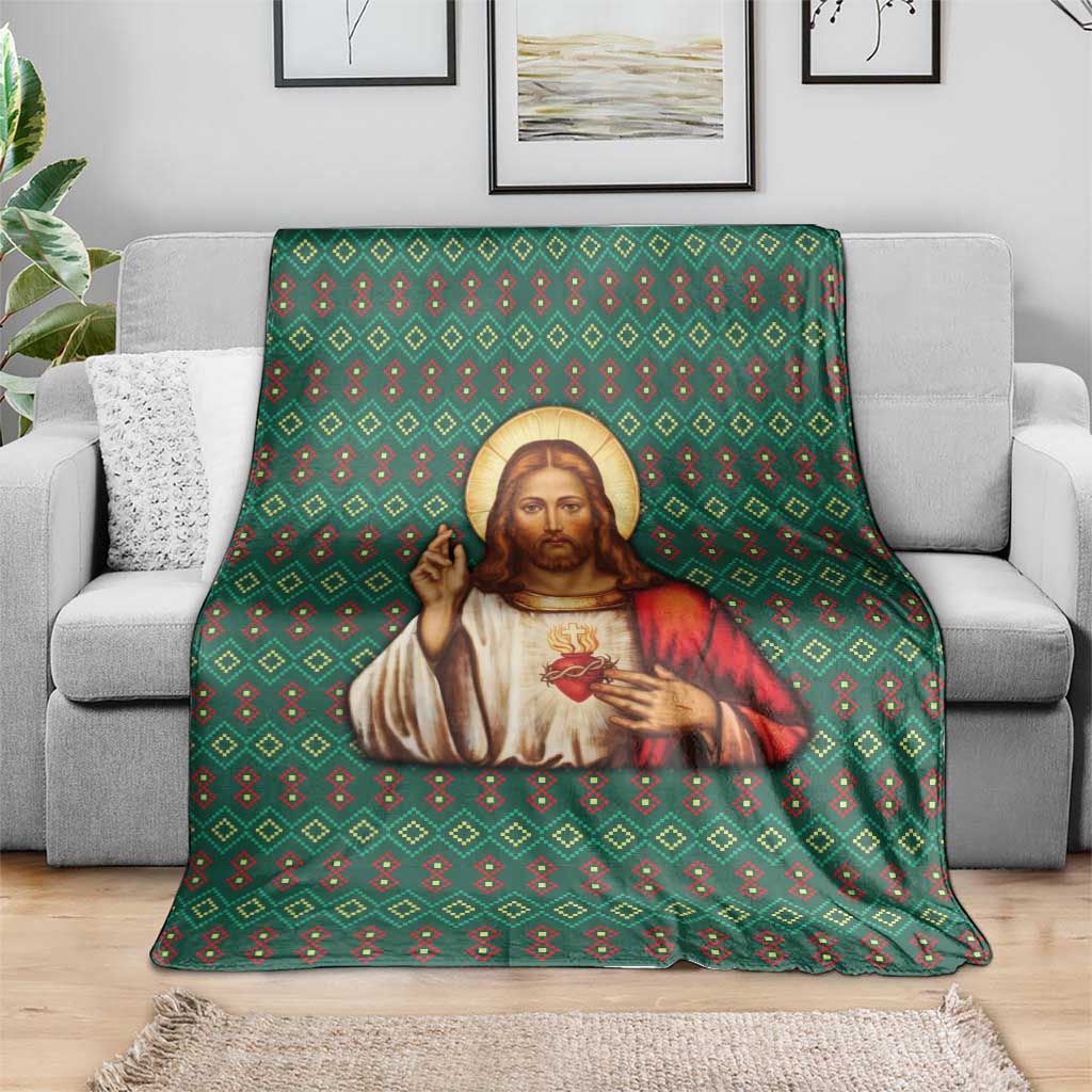 Sacred Heart Jesus Christmas Blanket with Festive Green Knit Pattern - Wonder Print Shop