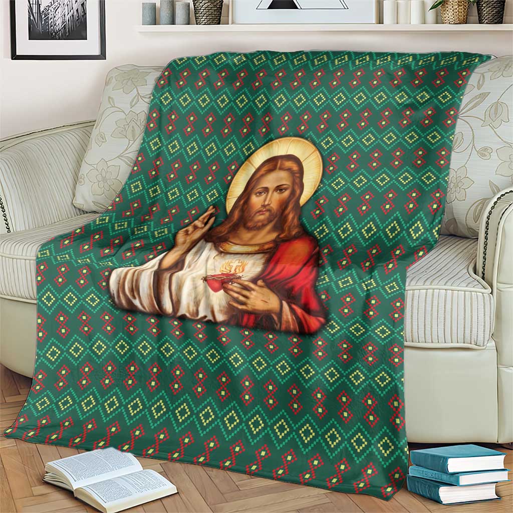 Sacred Heart Jesus Christmas Blanket with Festive Green Knit Pattern - Wonder Print Shop