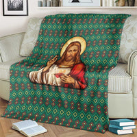 Sacred Heart Jesus Christmas Blanket with Festive Green Knit Pattern - Wonder Print Shop