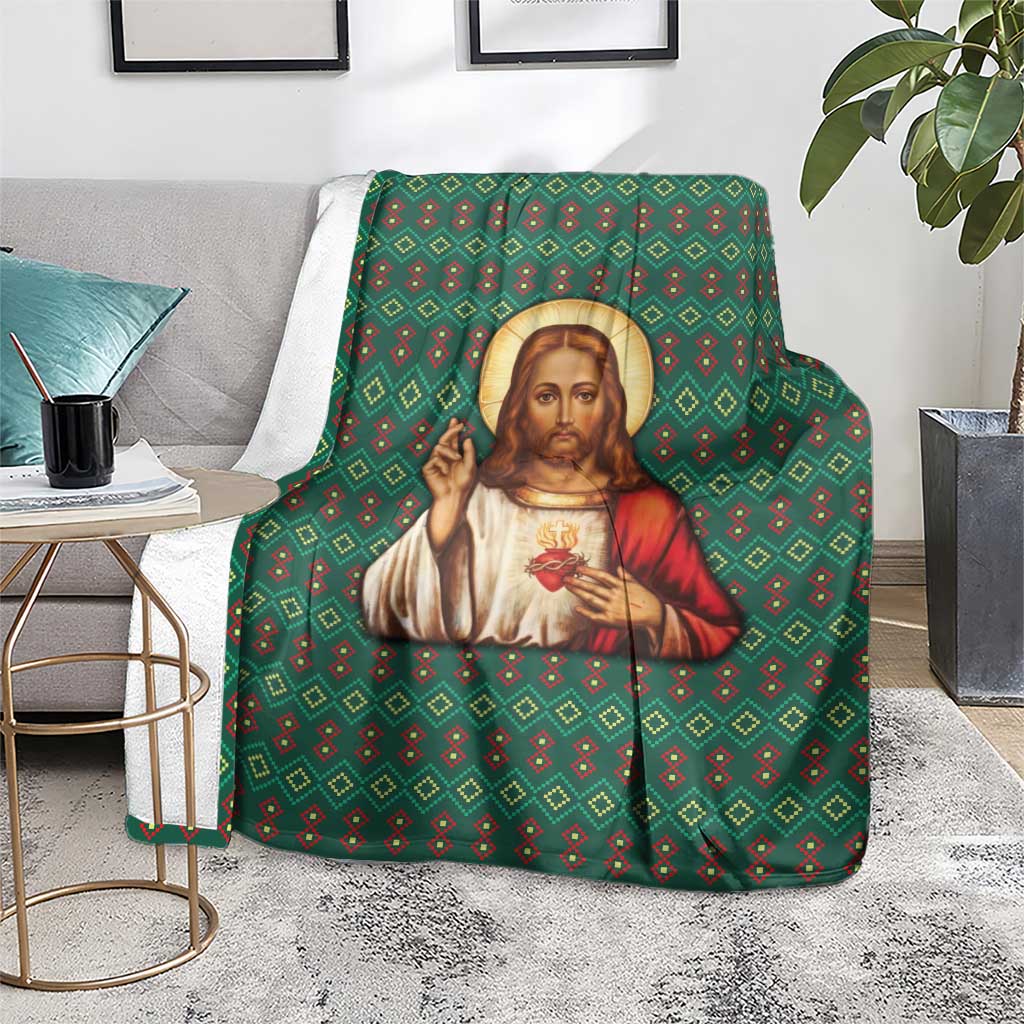 Sacred Heart Jesus Christmas Blanket with Festive Green Knit Pattern - Wonder Print Shop