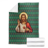 Sacred Heart Jesus Christmas Blanket with Festive Green Knit Pattern - Wonder Print Shop