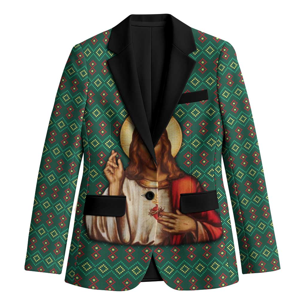 Sacred Heart Jesus Christmas Blazer with Festive Green Knit Pattern - Wonder Print Shop