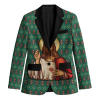 Sacred Heart Jesus Christmas Blazer with Festive Green Knit Pattern - Wonder Print Shop
