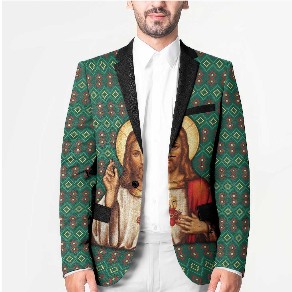 Sacred Heart Jesus Christmas Blazer with Festive Green Knit Pattern - Wonder Print Shop