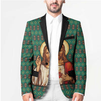 Sacred Heart Jesus Christmas Blazer with Festive Green Knit Pattern - Wonder Print Shop