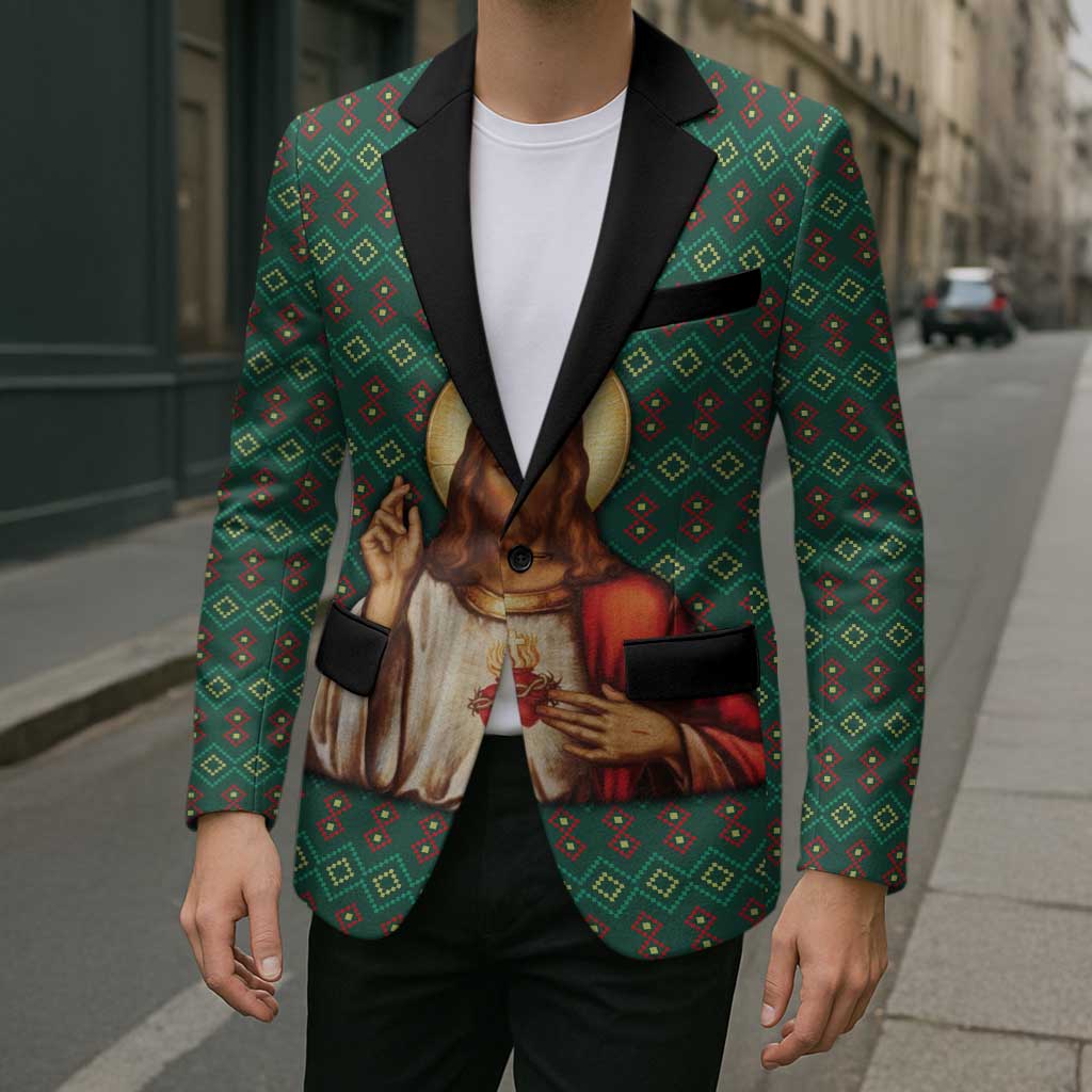 Sacred Heart Jesus Christmas Blazer with Festive Green Knit Pattern - Wonder Print Shop