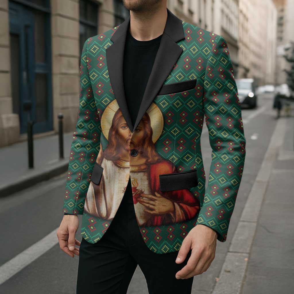 Sacred Heart Jesus Christmas Blazer with Festive Green Knit Pattern - Wonder Print Shop