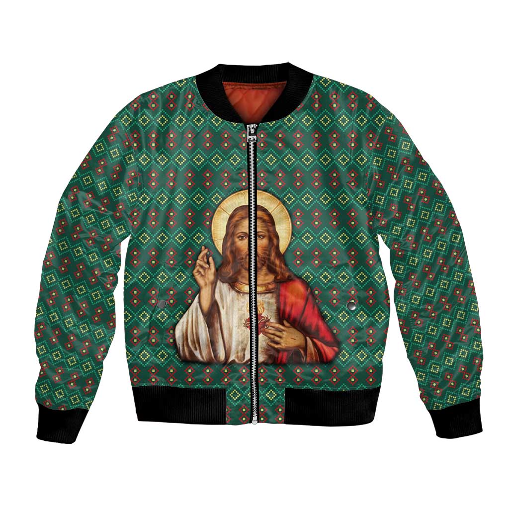 Sacred Heart Jesus Christmas Bomber Jacket with Festive Green Knit Pattern - Wonder Print Shop