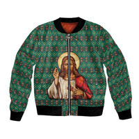 Sacred Heart Jesus Christmas Bomber Jacket with Festive Green Knit Pattern - Wonder Print Shop