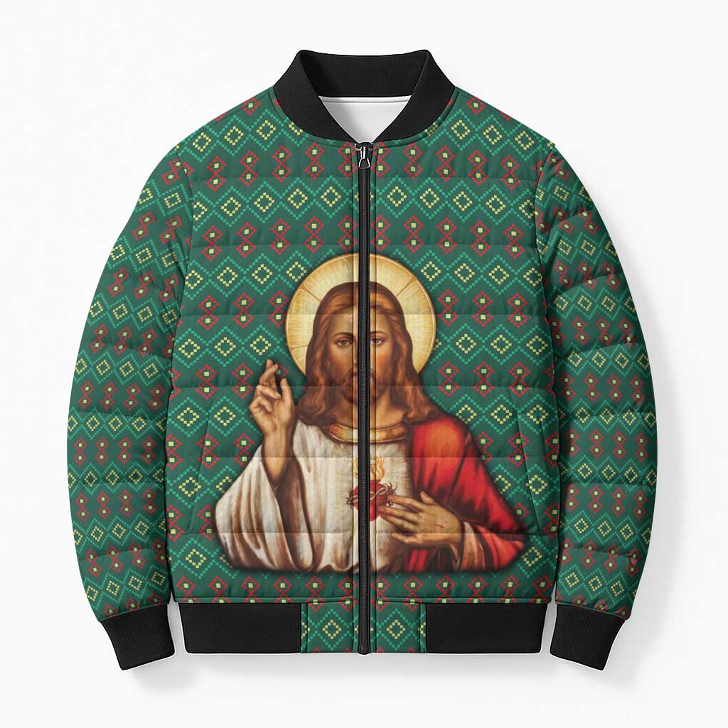 Sacred Heart Jesus Christmas Bomber Puffer Jacket with Festive Green Knit Pattern - Wonder Print Shop