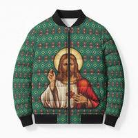 Sacred Heart Jesus Christmas Bomber Puffer Jacket with Festive Green Knit Pattern - Wonder Print Shop