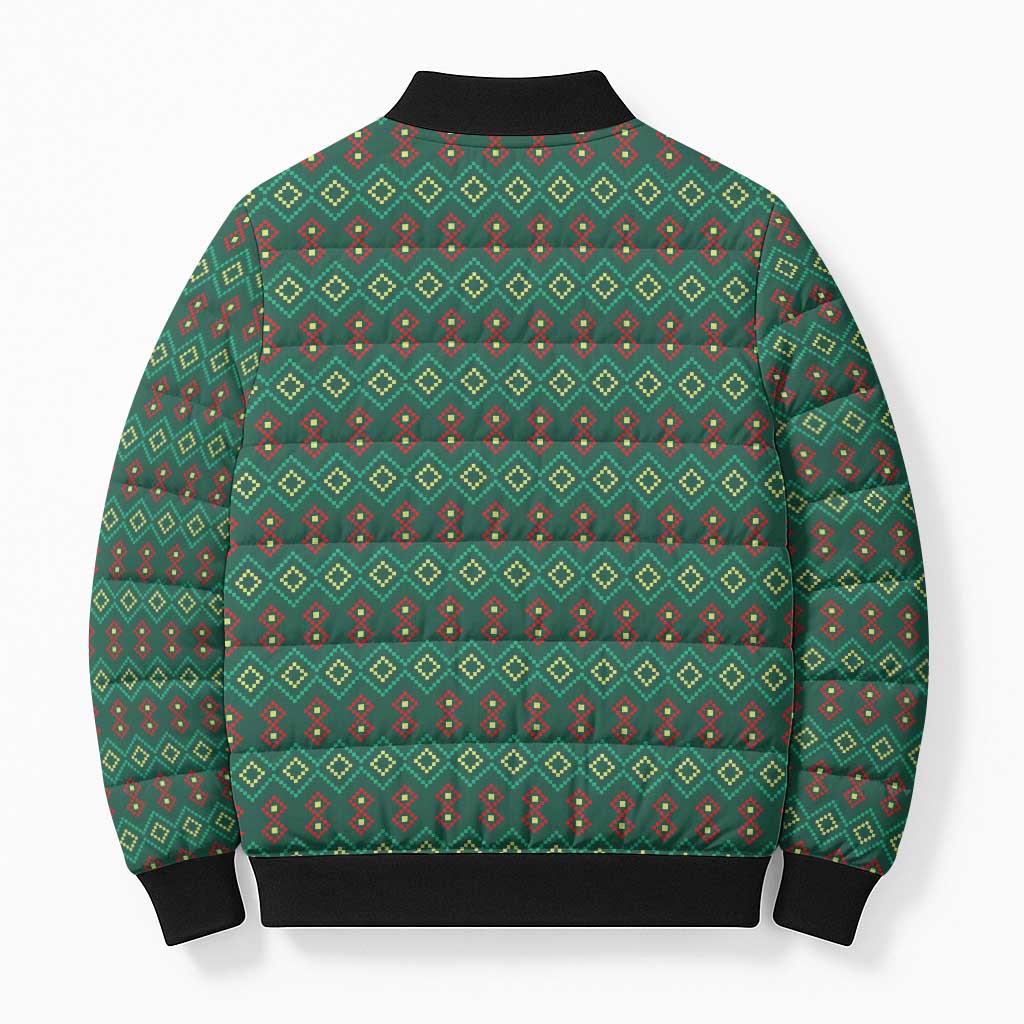 Sacred Heart Jesus Christmas Bomber Puffer Jacket with Festive Green Knit Pattern - Wonder Print Shop