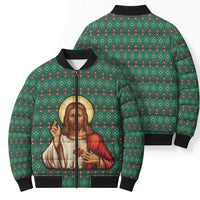 Sacred Heart Jesus Christmas Bomber Puffer Jacket with Festive Green Knit Pattern - Wonder Print Shop