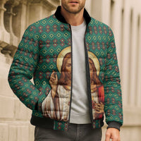 Sacred Heart Jesus Christmas Bomber Puffer Jacket with Festive Green Knit Pattern - Wonder Print Shop